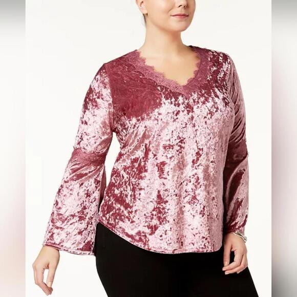 Absolutely Famous Pink Crushed Velvet Lace Trim Bell Sleeve Top Plus Size 2X - Picture 1 of 4